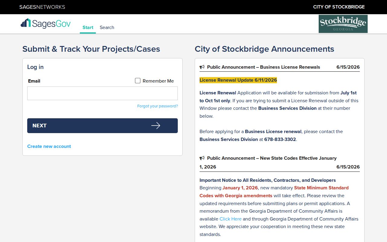 Stockbridge SagesGov portal for permit and address records