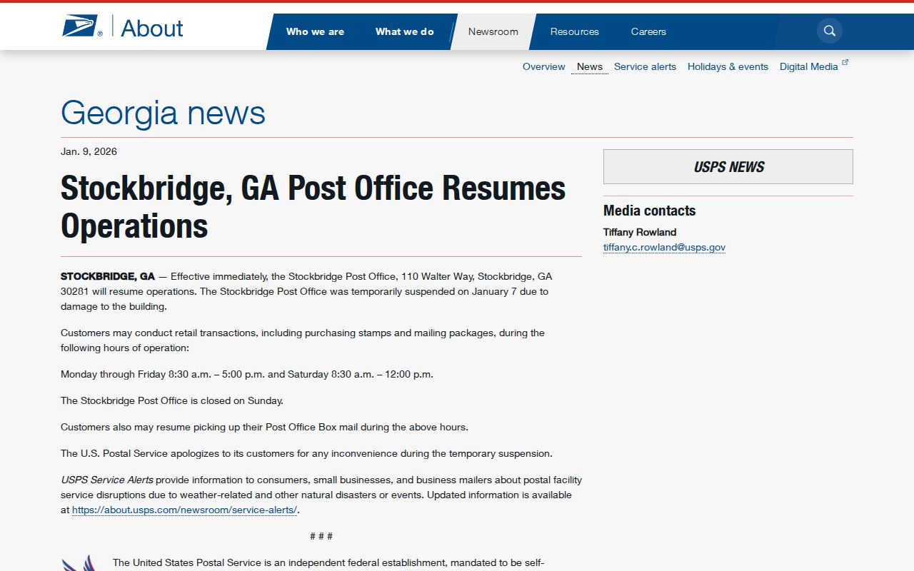 USPS notice that Stockbridge Post Office operations resumed in 2026