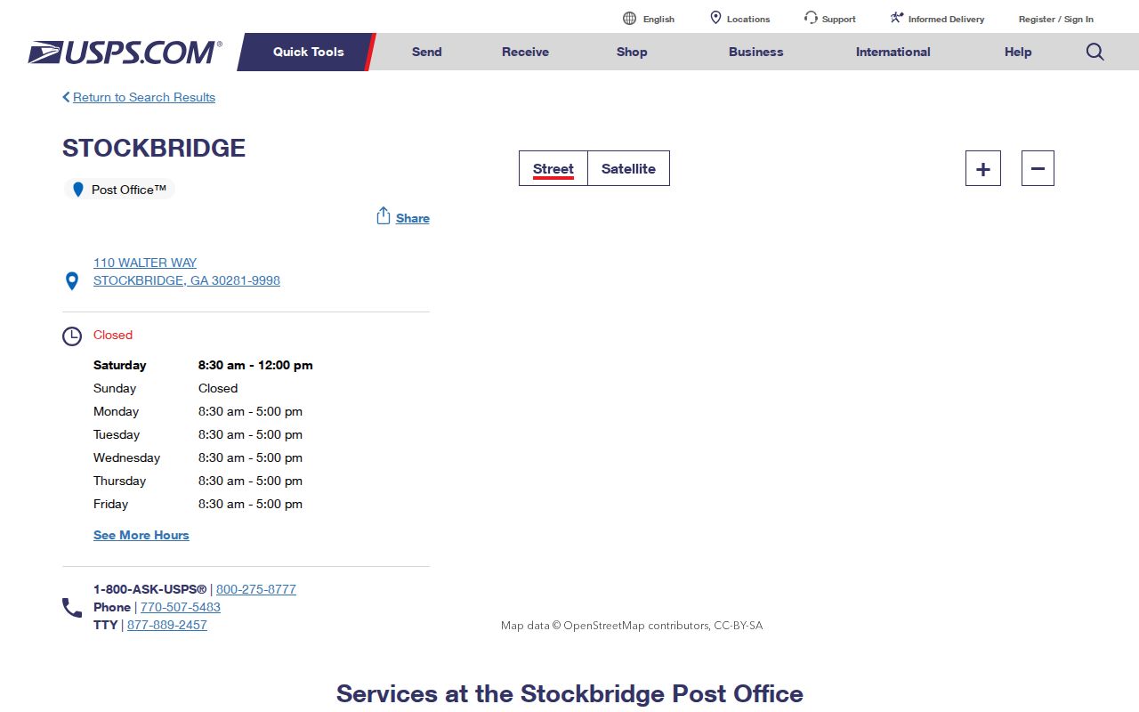 USPS details for the Stockbridge Post Office serving ZIP code 30281
